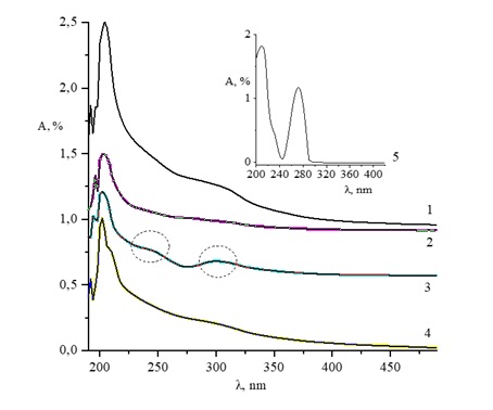 UV-spectra samples of chitosan (1); sample 1 (2); sample 2 (3); sample 3 (4), and caffeine samples (5)